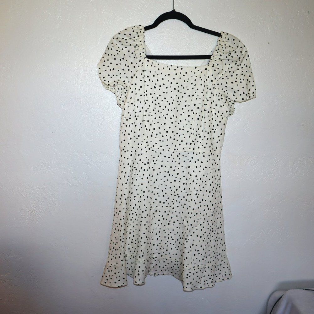 💥HP💥Loft White and Black Polka Dot Linen Puff Sleeve Mini Dress Size 6P-NWT